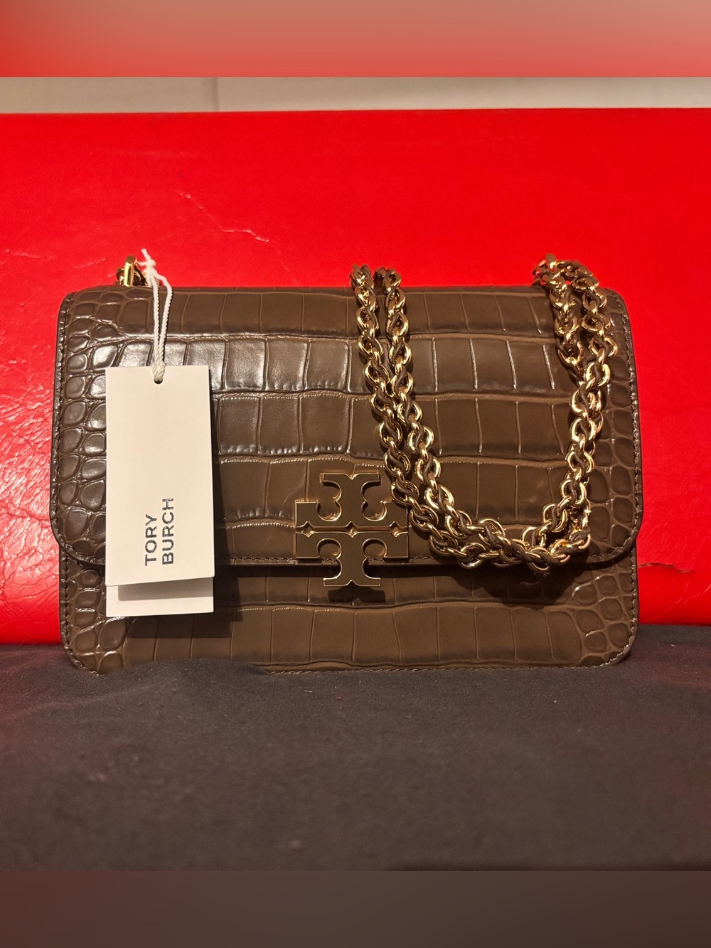 Tory Burch neutral brown Croc-Embossed Chain Shoulder Bag